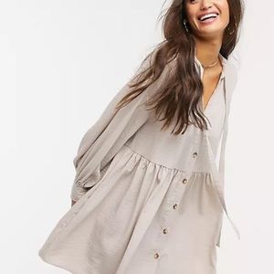 Collar button through smock dress with neck tie in stone